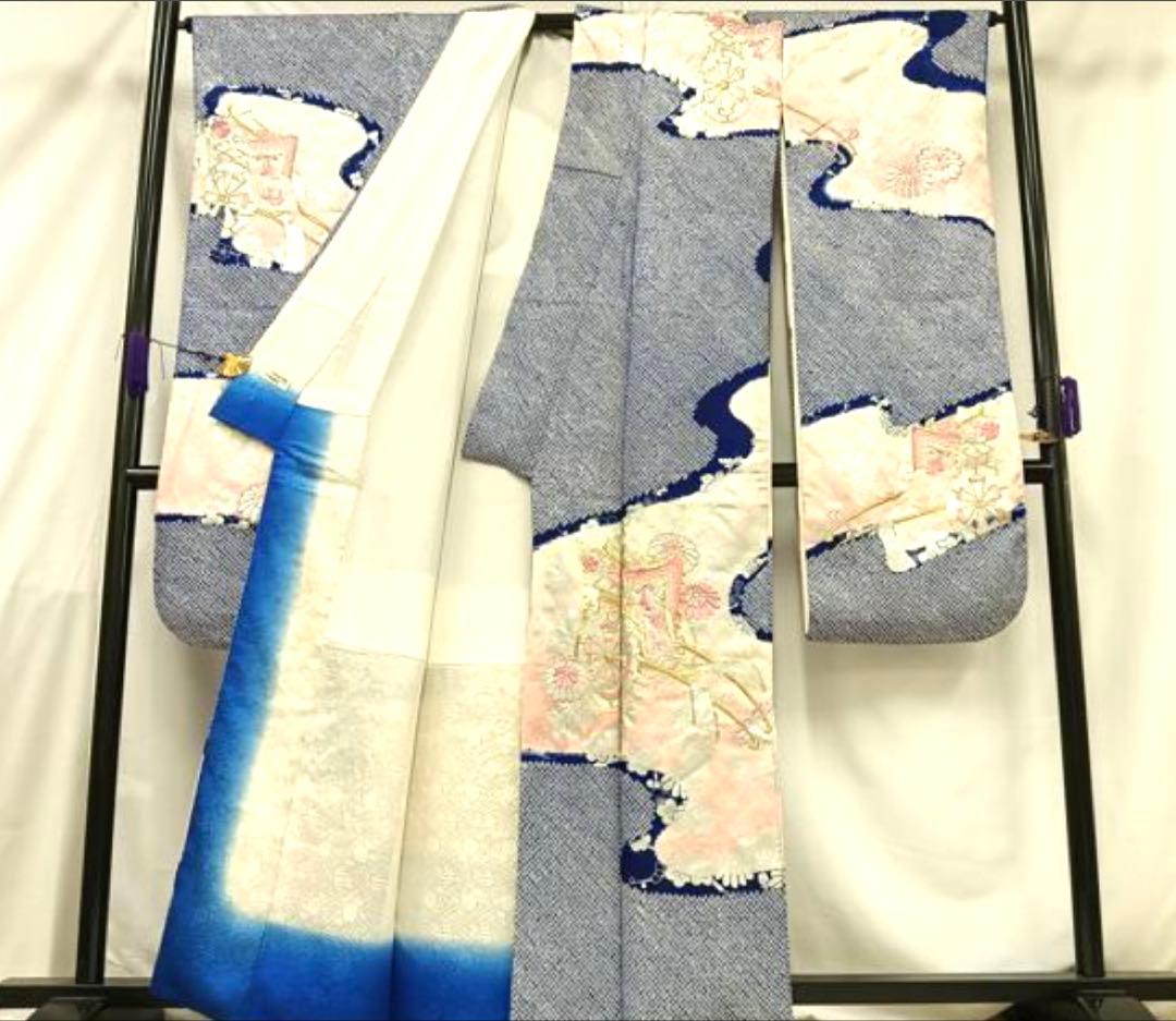 振袖 フルセット6点特価サイズM総絞り御所車銀駒刺繍　正絹　売り切り終了
