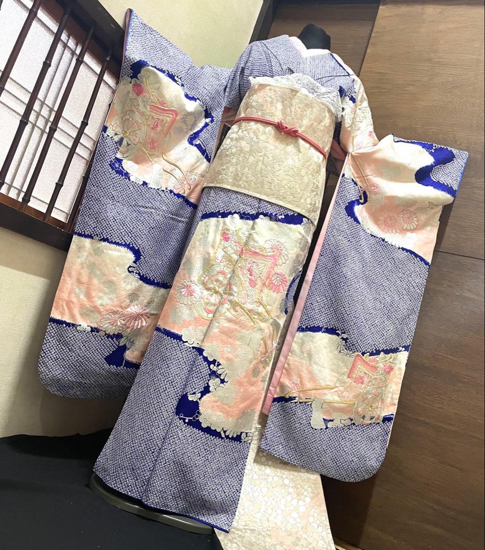 振袖 フルセット6点特価サイズM総絞り御所車銀駒刺繍　正絹　売り切り終了