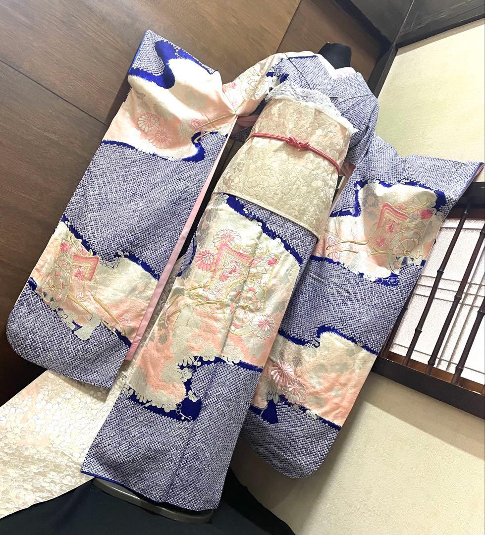 振袖 フルセット6点特価サイズM総絞り御所車銀駒刺繍　正絹　売り切り終了