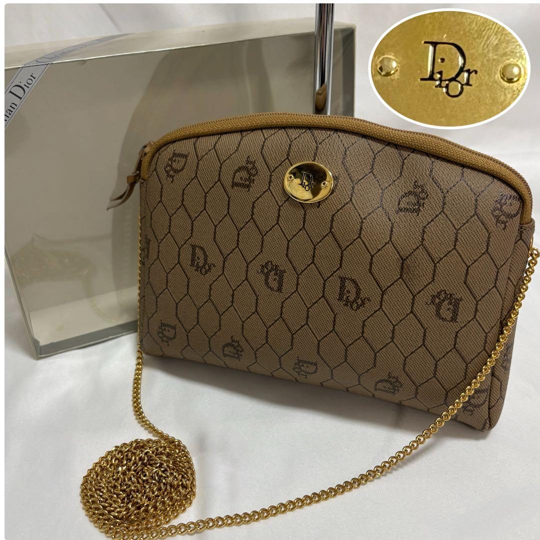 クリスチャンディオール ハニカム柄 総柄 チェーン ショルダーバッグ pvc 茶
