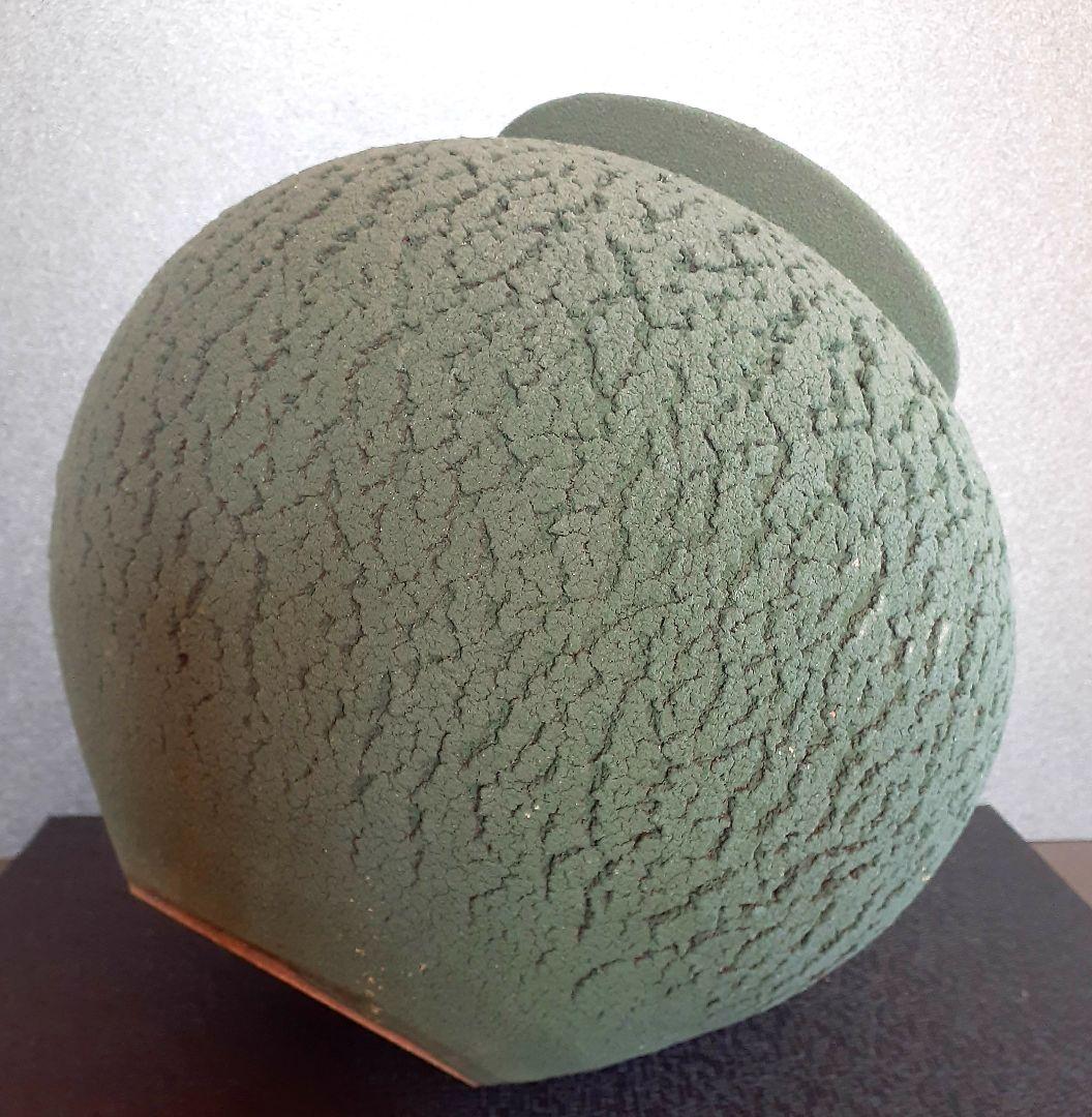益子焼　【河原建雄】作　松皮紋　苔釉　大壺　花入れ　花瓶　共箱　陶歴書　オブジェ