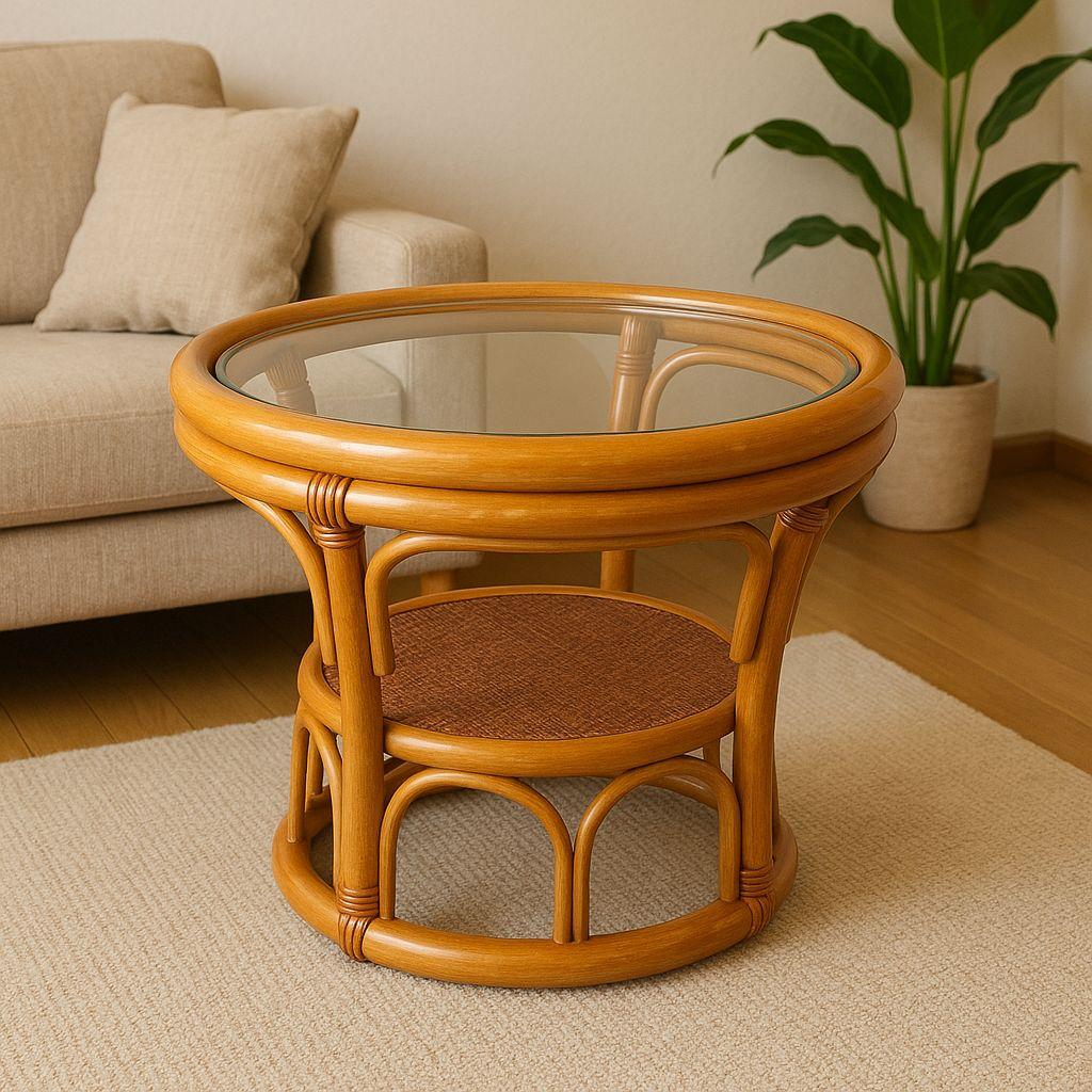 【良品】ヴィンテージ ラタン サイドテーブル ガラス