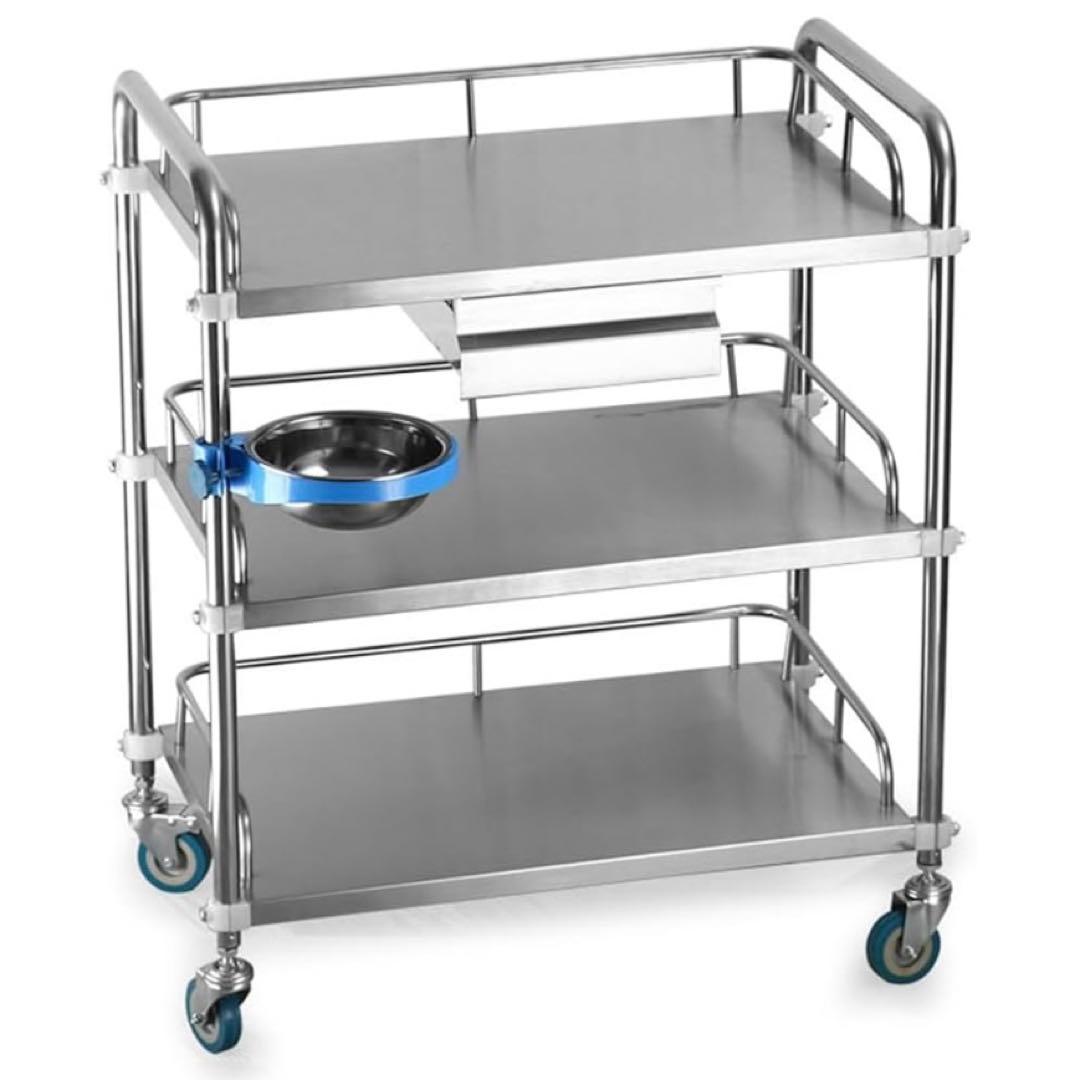 医療用ワゴン　キャスター付き 3段 耐荷重100KG 360°回転ステンレス