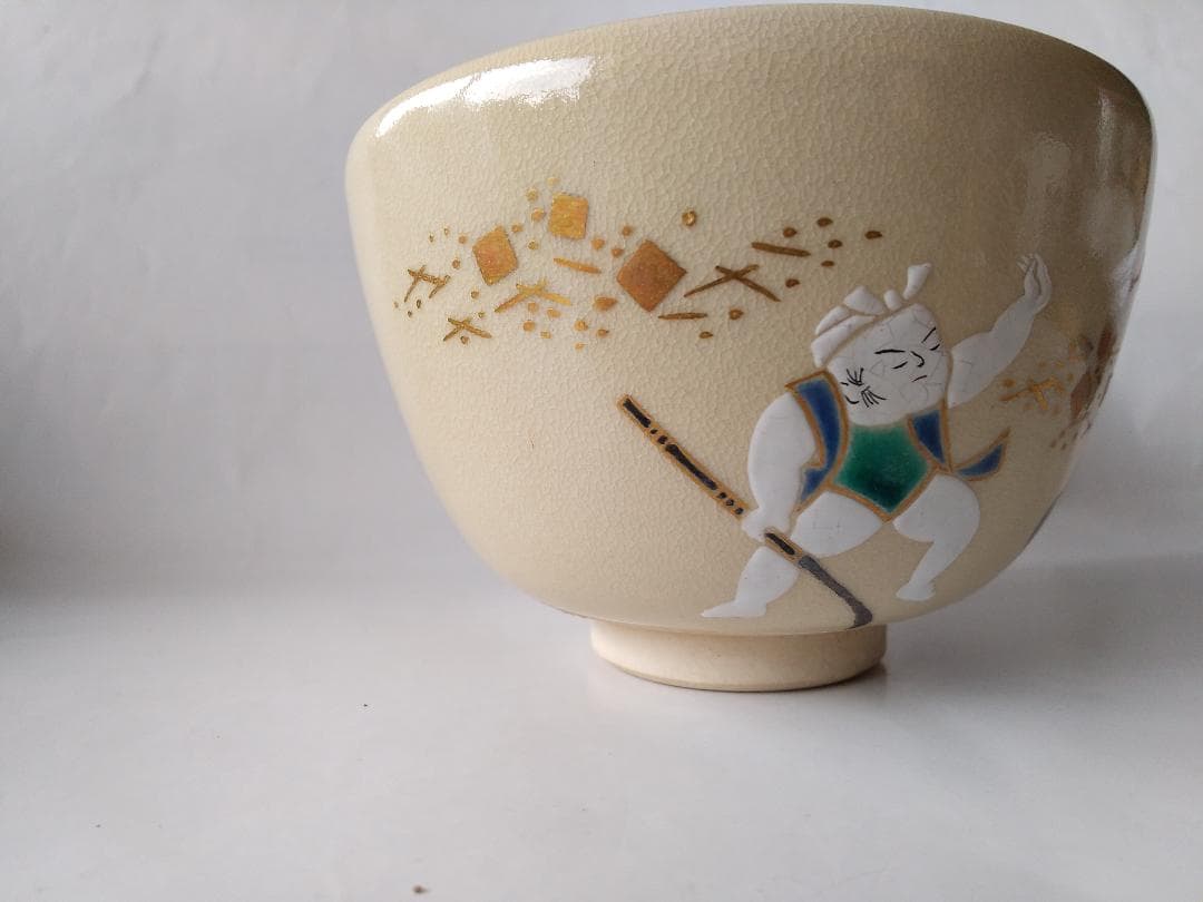 京焼 通次阿山 作 抹茶碗 『 仁清写 五条大橋 』共箱 茶碗 茶道具 美品