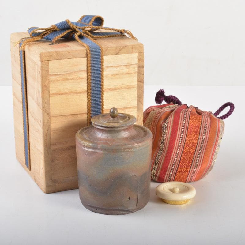 茶道具　備前焼　柴岡香山作　茶入　仕覆付　共箱　V　6502