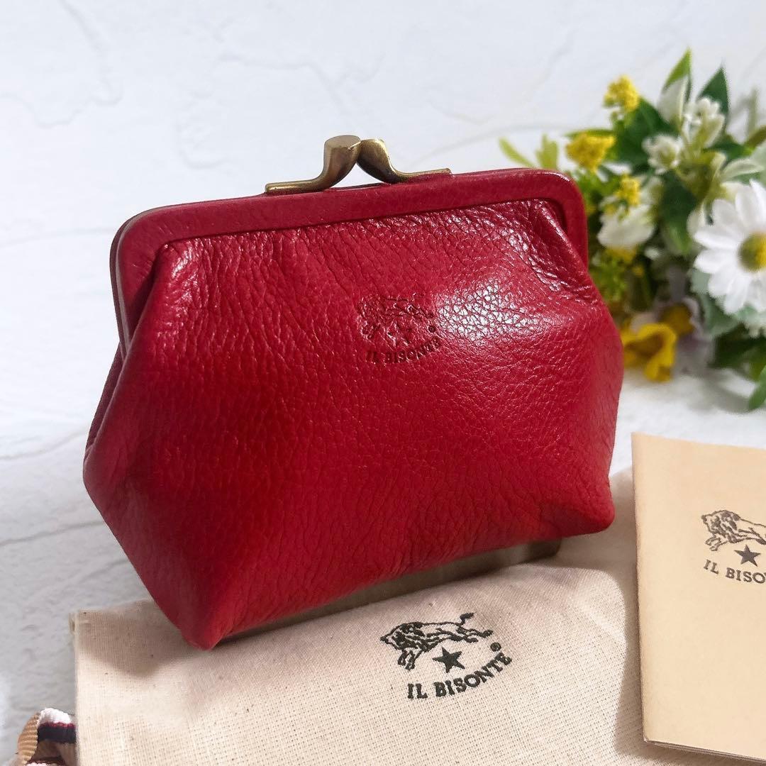 《美品》IL BISONTE レザー がま口 ケース 小銭入れ 赤 保存袋