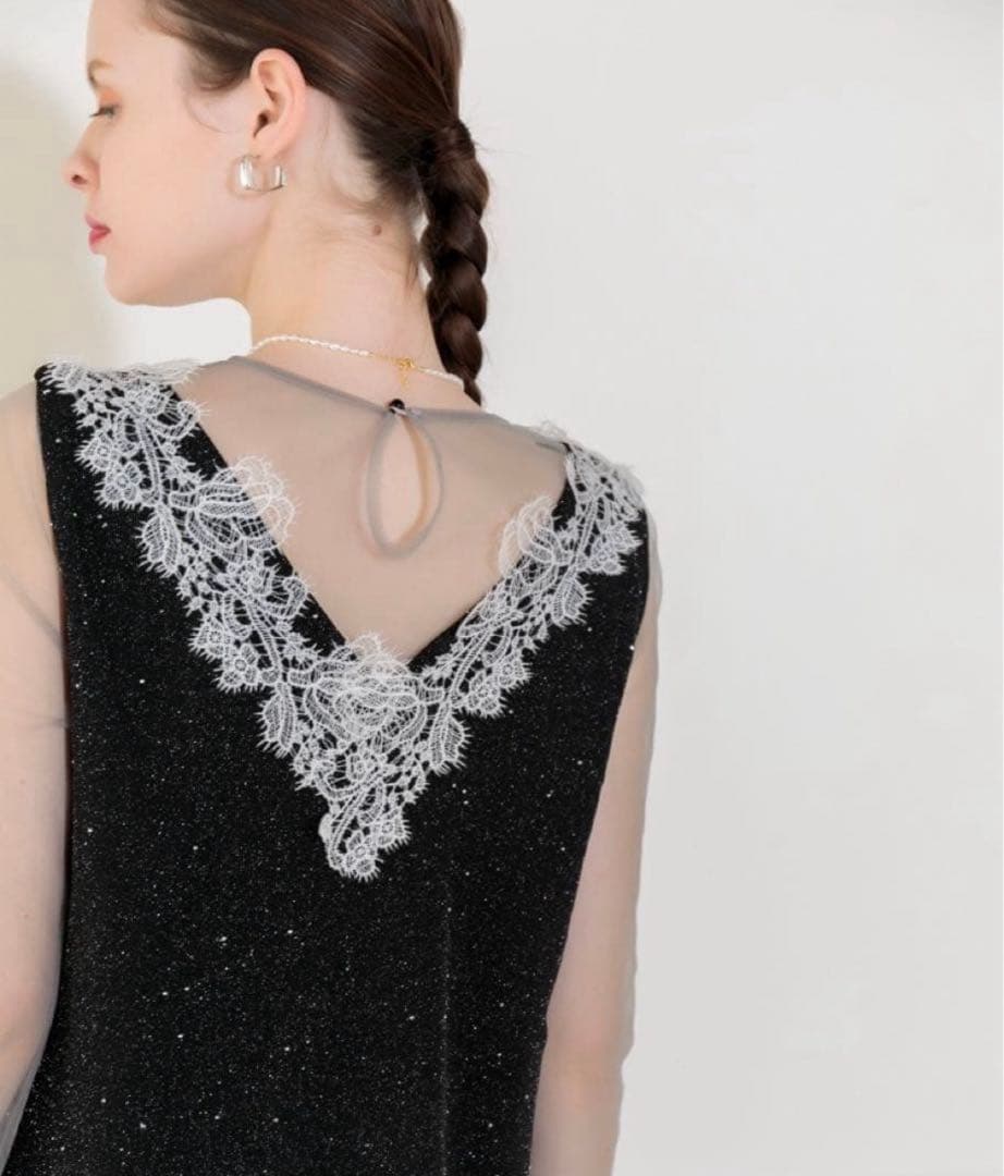 LEJA レースネック透け袖 スリットキラキラロングドレスワンピース FREE