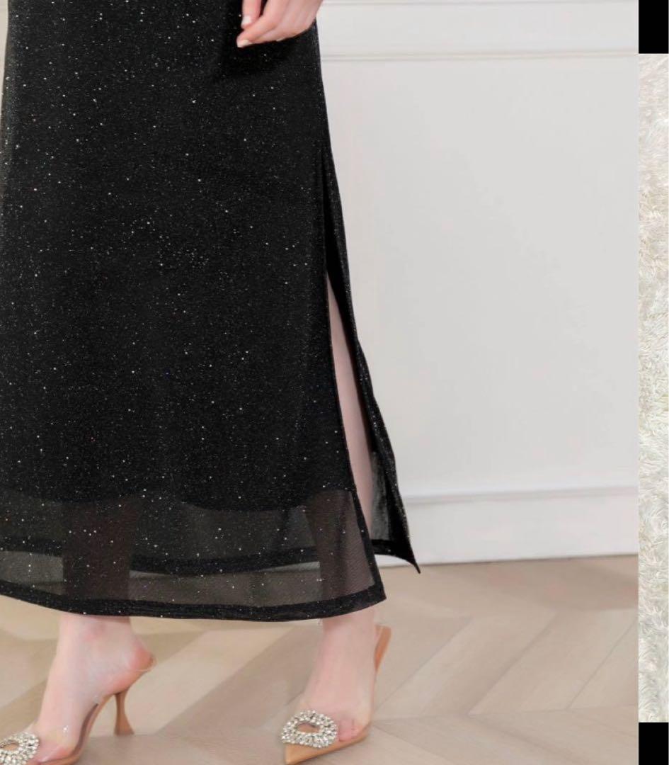 LEJA レースネック透け袖 スリットキラキラロングドレスワンピース FREE