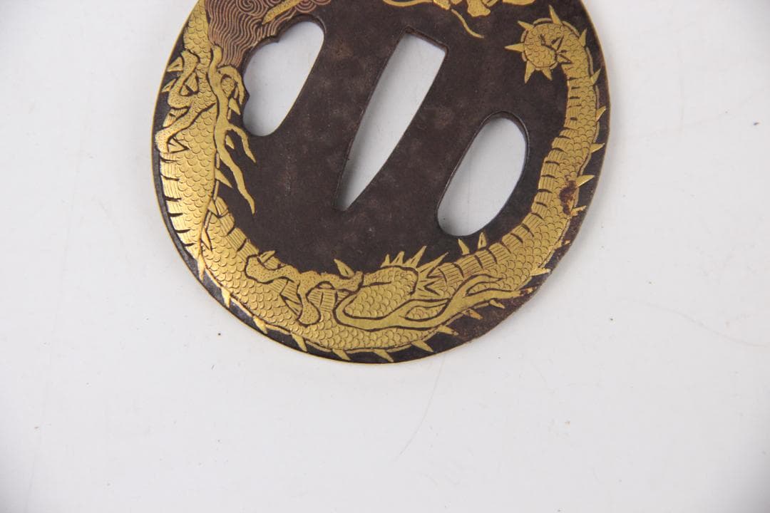 江戸期 鍔 無銘 古鉄製 金象嵌 雲竜文 N11-3