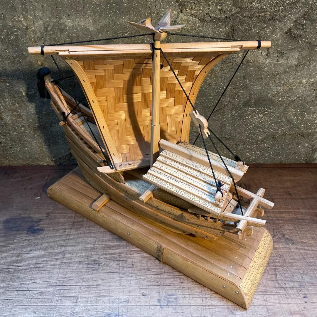希少 帆船 模型 竹製 木造 宝船 和船 工芸品 舟 置物 ヴィンテージ 中型