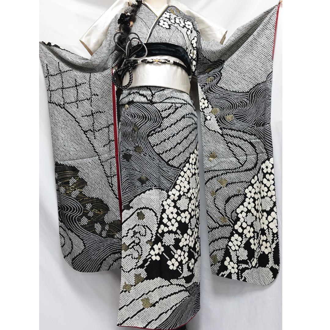 総絞り◆成人式◆振袖5点セット ◆163cmフルセット帯オマケ黒ブラック04Sh