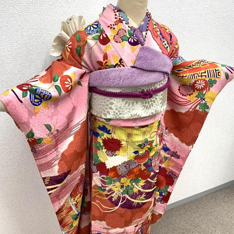 506aj51着物のみ■アンティーク振袖 金駒刺繍 刺繍 橘 ジュニアにも■良好