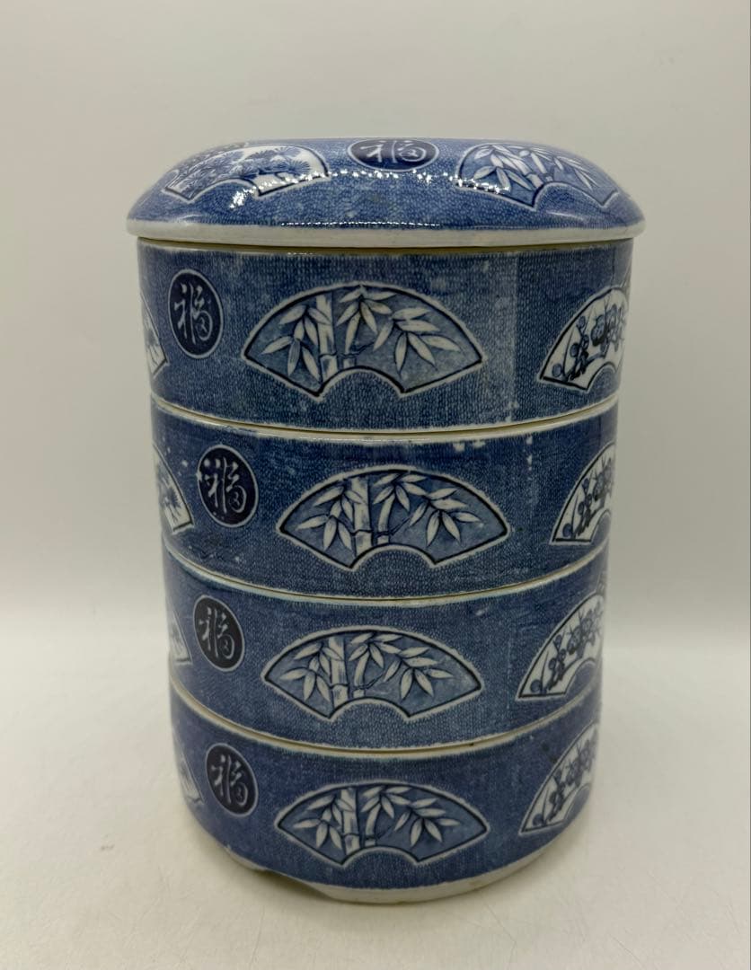 明治期　伊万里染付4段重　松竹梅　印判　古民具　送料込み251130