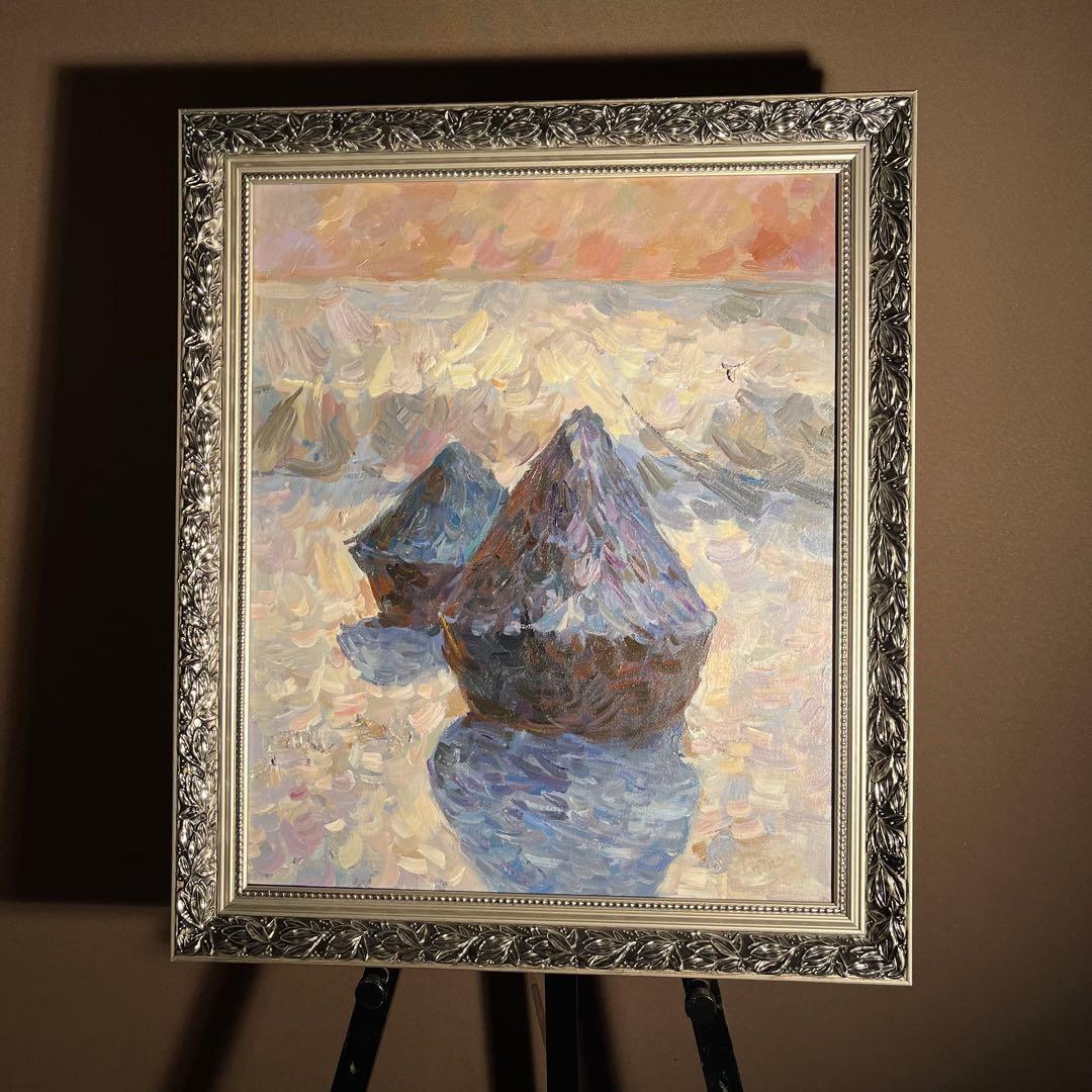 手書き油絵 クロード・モネ 積みわら 雪の効果 額付 絵画 インテリア 油彩画
