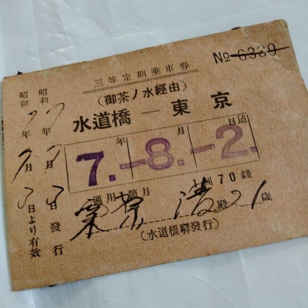 三等定期乗車券　戦前　鉄道省時代　中央線　水道橋～東京　昭和7