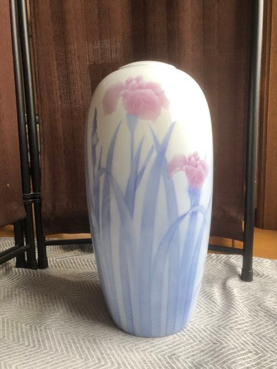宮内庁御用達　深川製磁 官窯染付藍絵菖蒲文花瓶　大型　共箱　栞付き
