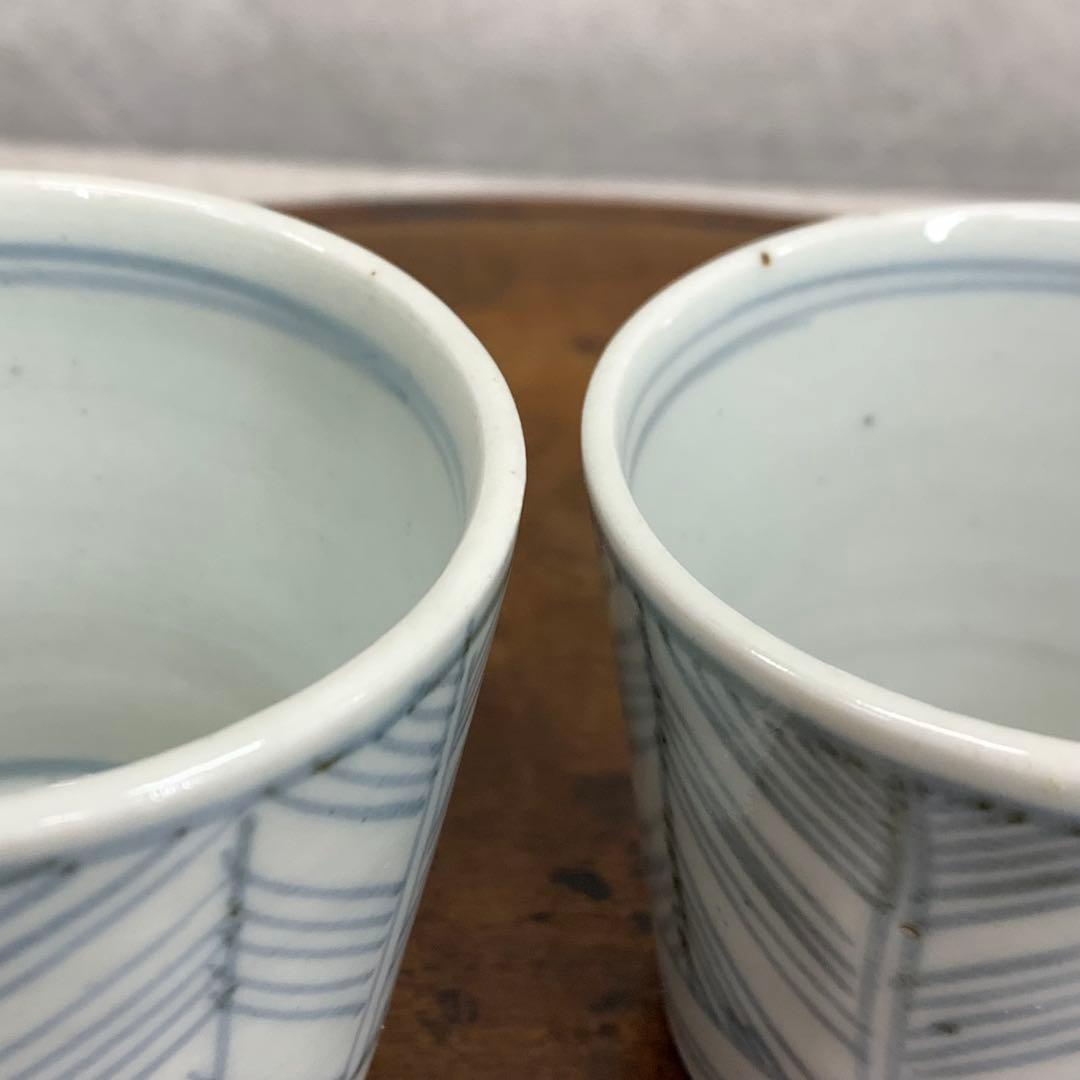 蕎麦猪口 2点 染付 矢羽根文 幾何学模様 江戸 時代 小鉢 アンティーク A②