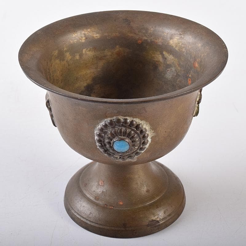 中国　古銅　鹿刻　玉石装飾　稀石嵌込　高足盃　杯　時代箱付　V　R8138