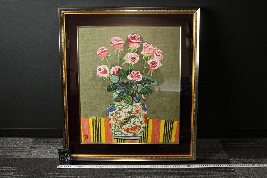 京都 西陣 川島織物 薔薇 額装 希少品 呉服屋蔵 美品(K-LC926)