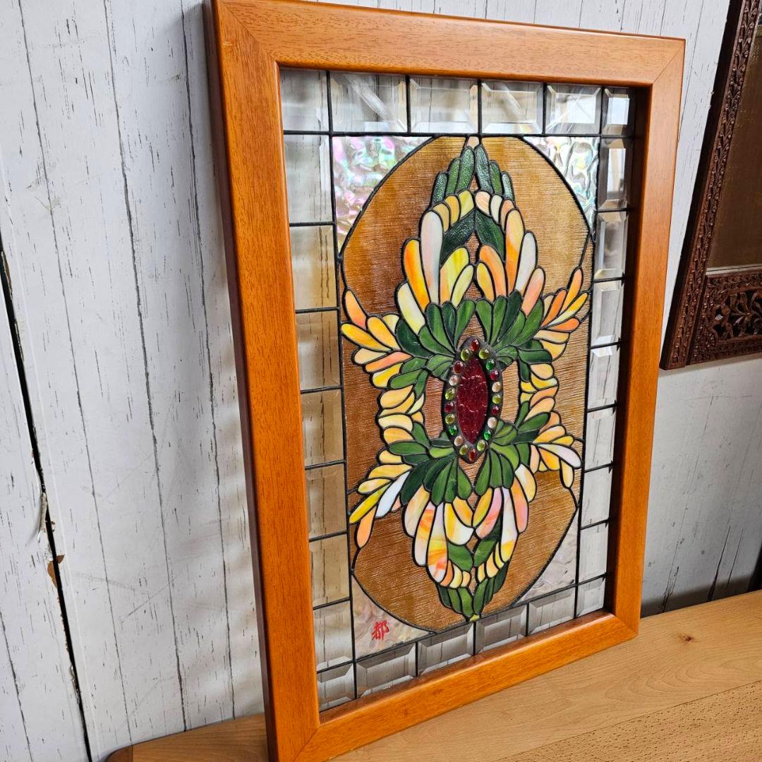 【p175/k】花柄 ステンドグラス 木製フレーム インテリア