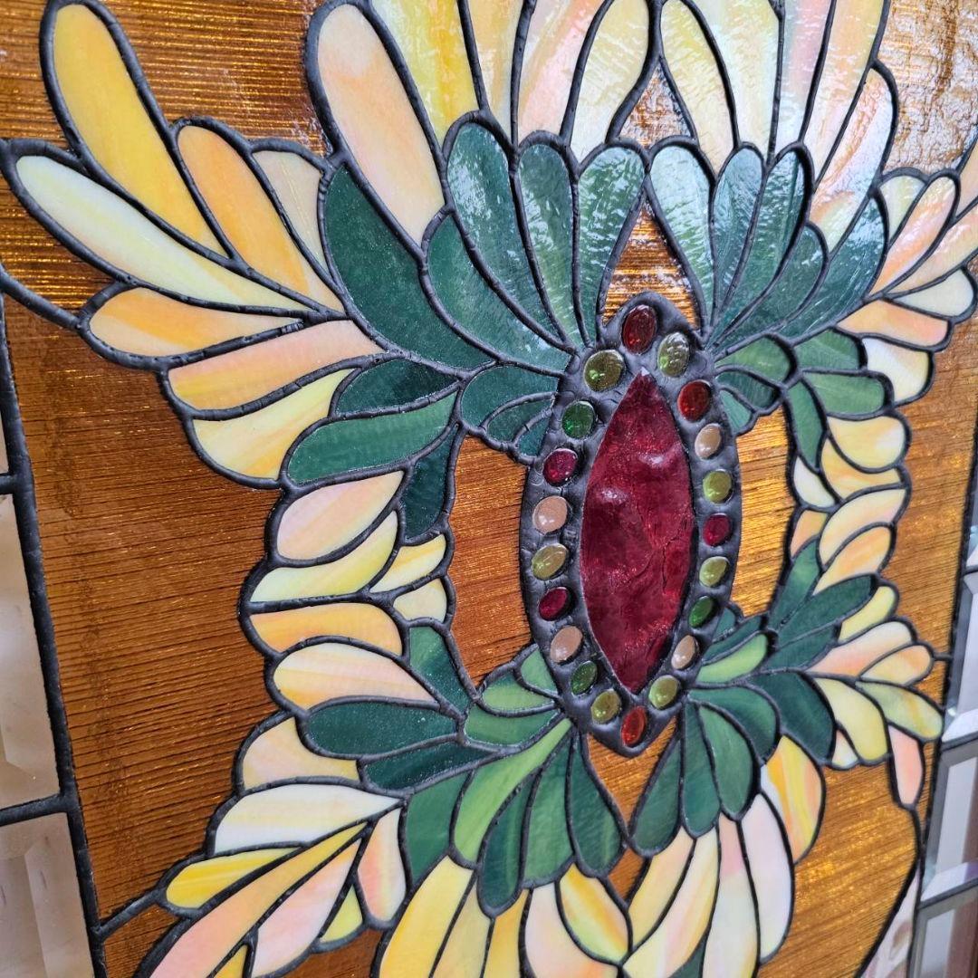 【p175/k】花柄 ステンドグラス 木製フレーム インテリア