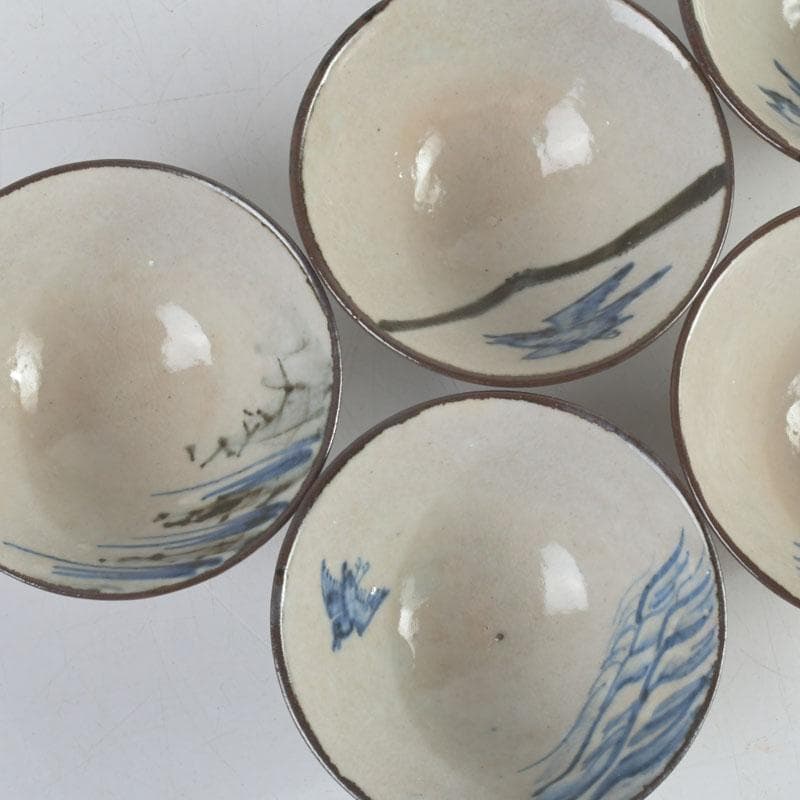 京焼　平安陶工　清水七兵衛造　染付　草鳥文　ぐい呑　盃　五客　共箱　V　9234