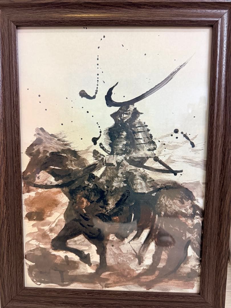 武士と馬の日本画 木製フレーム付き