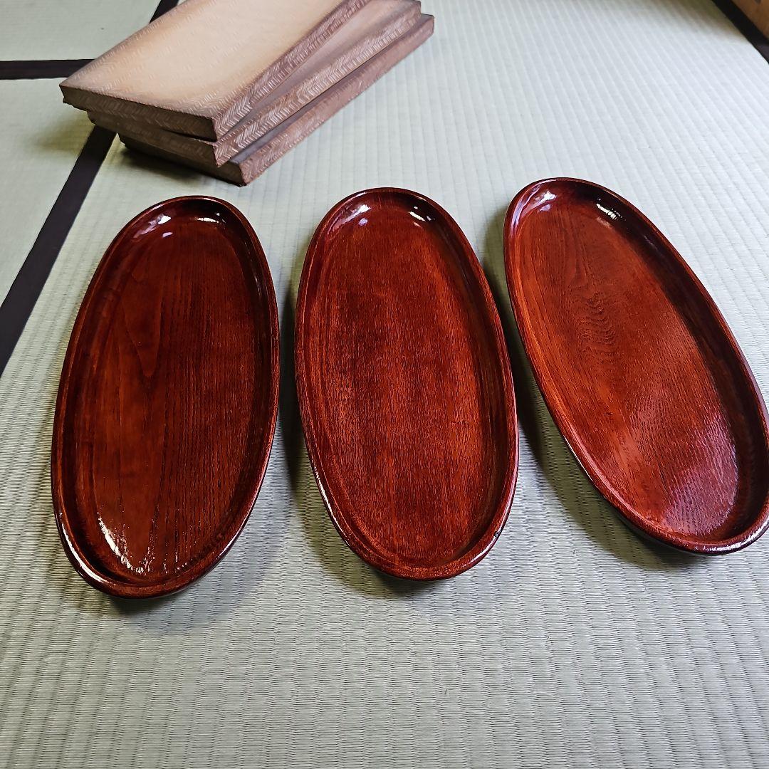 昭和レトロ/1950年代物】漆塗りお盆 天然木製品トレー 茶色 前菜盆3客セット