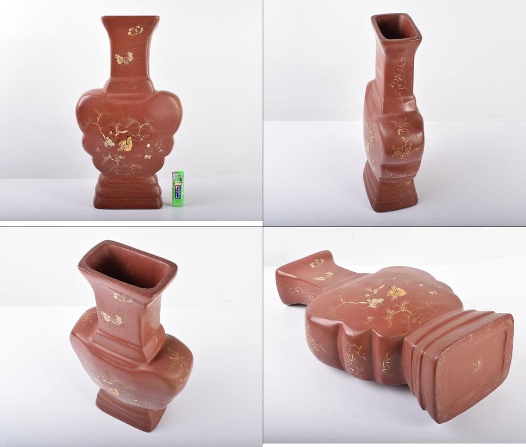 中国　康煕年製　乾漆朱漆金蒔絵山水人物文扁壷　V　3905B