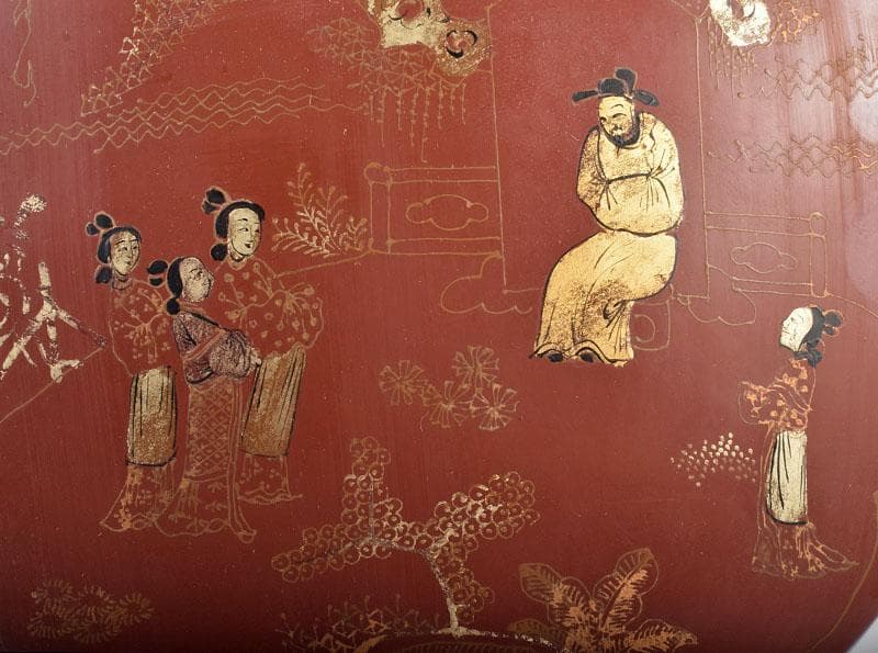 中国　康煕年製　乾漆朱漆金蒔絵山水人物文扁壷　V　3905B