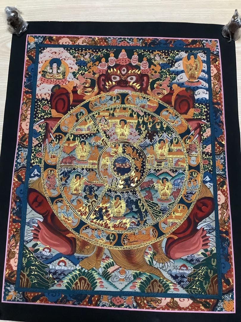 《 チベット密教　新品　1点物 》 手描き　曼荼羅　タンカ　六道輪廻　仏教　a3