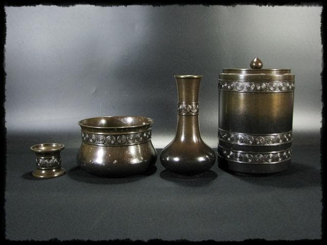 累座 唐銅 皆具 鎌谷 宗芳 擂座 水指 建水 杓立 蓋置 茶道具 f174