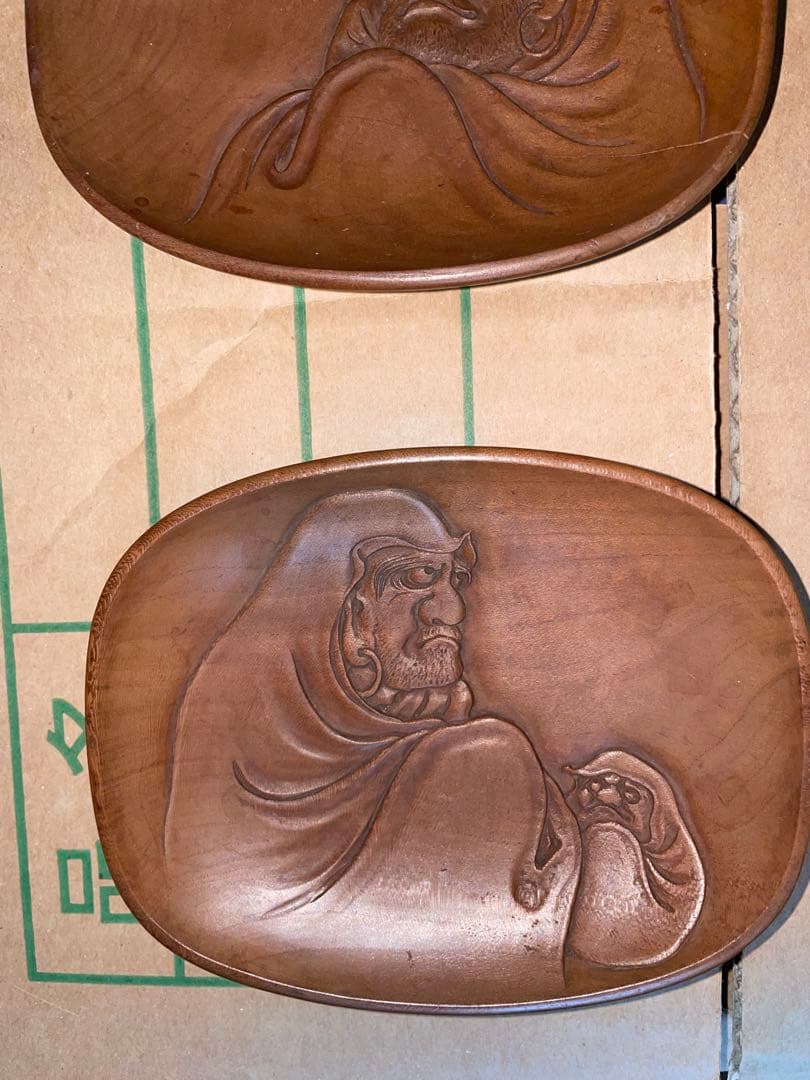 芳嶺　菓子皿　茶器　杉浦芳嶺　達磨？　木製 茶托 5枚　煎茶　彫刻