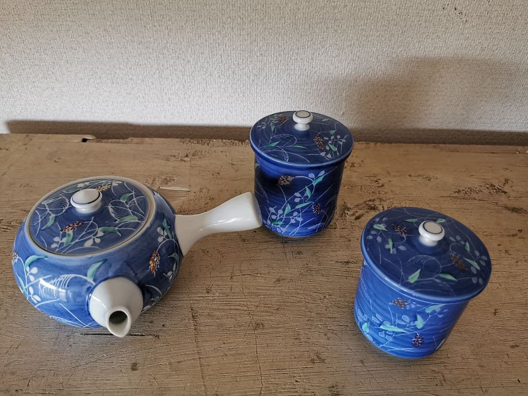 有田焼 萬右衛門 秋草手描き 蓋付きペア夫婦湯呑茶碗＆急須 茶器セット