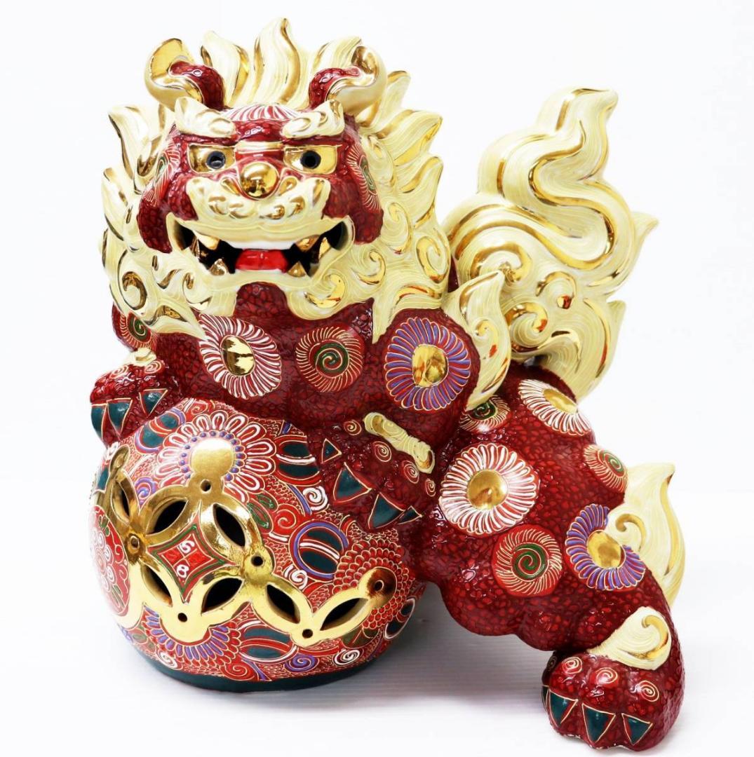 九谷焼 玉乗り獅子 双仙銘 開運 縁起置物 高さ約36cm 良好品 K6s147