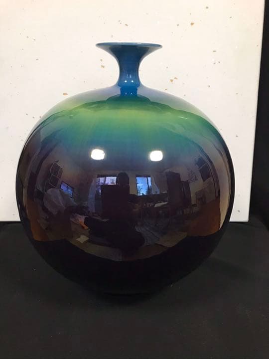 【特大】人間国宝 三代 徳田八十吉作 （正彦銘）碧明釉 壺 管理T71 共箱