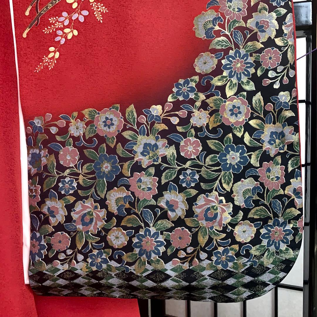 m*k様 【大特価】振袖　6点セット　蝶柄　花車　友禅　身丈166cm 朱赤系