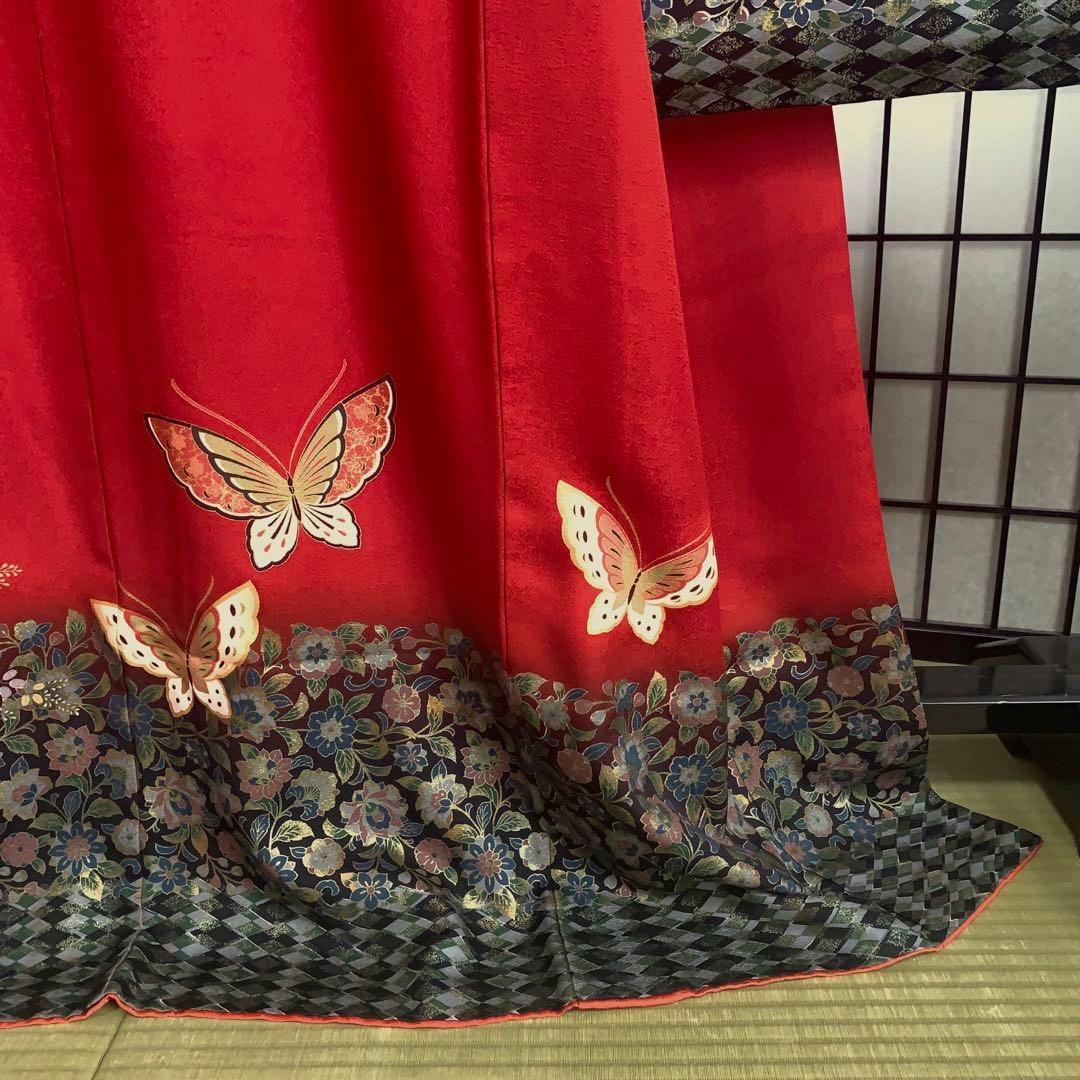 m*k様 【大特価】振袖　6点セット　蝶柄　花車　友禅　身丈166cm 朱赤系