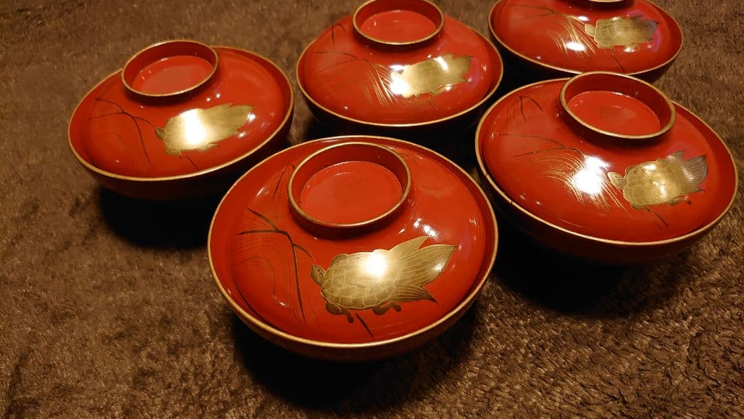 輪島塗　漆器　金蒔絵　蒔絵　蓋椀　亀の図　人間国宝　５客