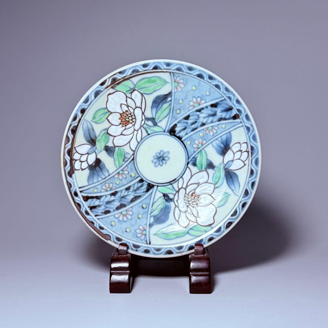 五代　佐藤走波　七十五才　染錦木蓮文カップ＆ソーサー　コレクター放出品