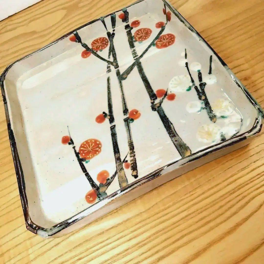 ☆ 人間国宝 加藤卓男 紅白梅四方皿