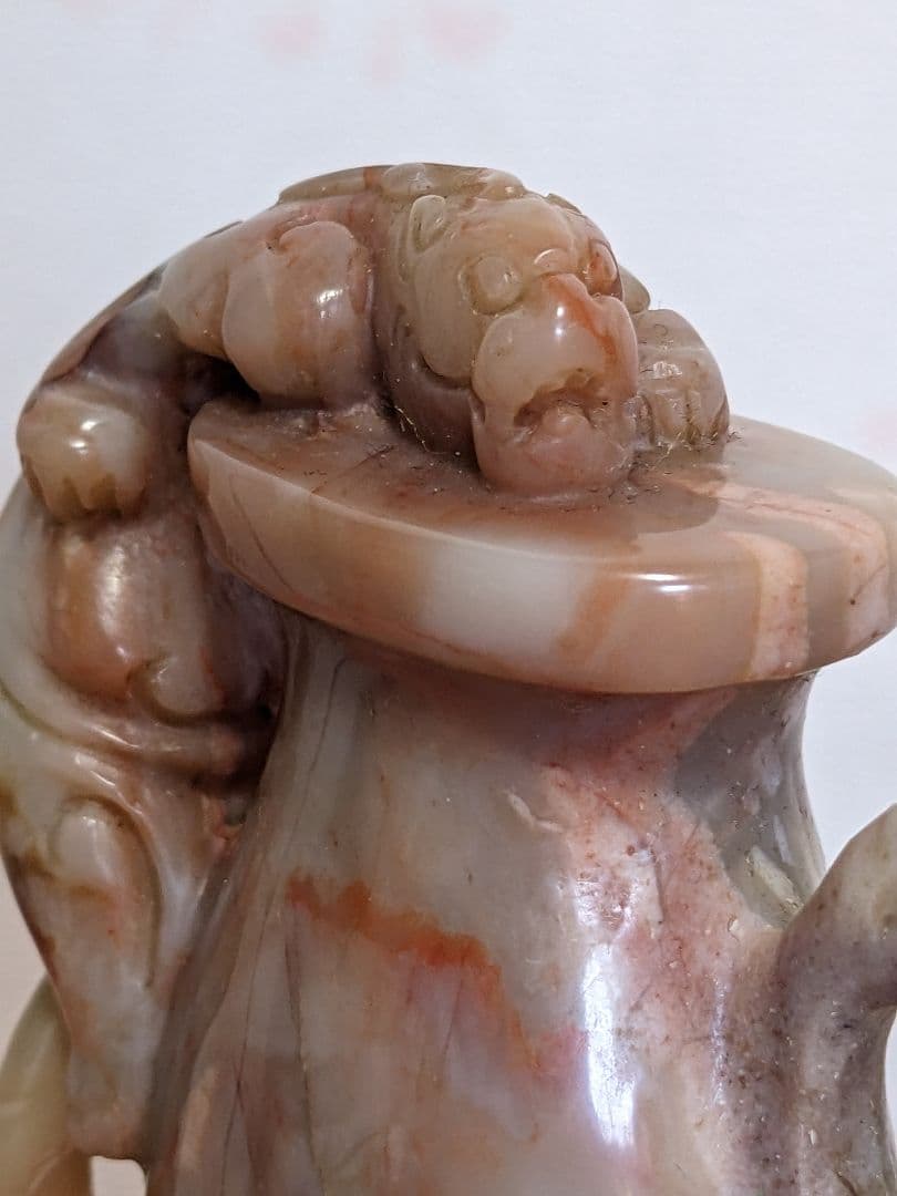 ⭐中国 最上級 巴林石 神獣 自在遊環双耳壺形 玉器 置物飾り 玉石文化 骨董品