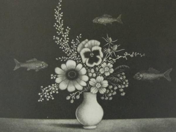 長谷川 潔、巨匠、アカリョムと花/マニエルノワールレゾネ、額装