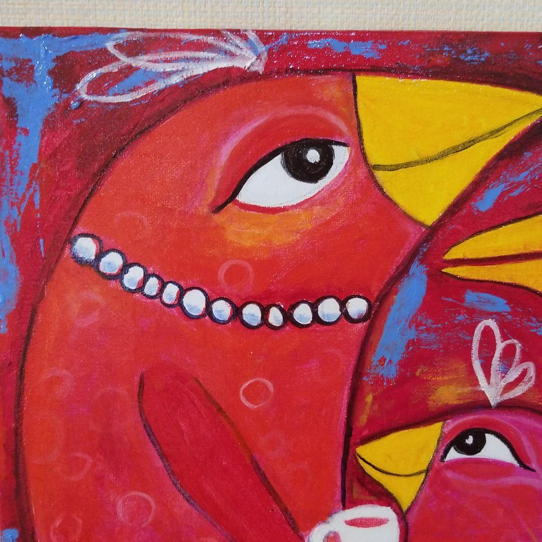 油絵　ロンロンロン　鳥の家族のティータイム