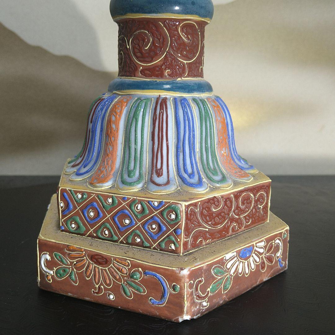 AG80 九谷焼 灯籠 草花図 色絵 六角屋根 時代物 置物 飾り物