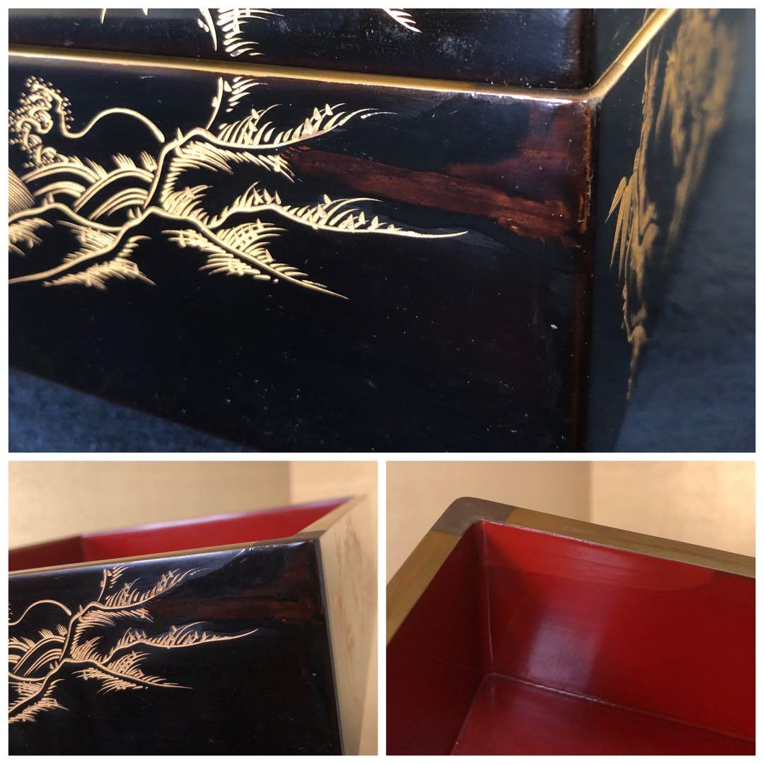 《R》黒内朱 沈金鶴亀松竹梅図 四段重 替蓋付 木製漆器 木箱 260121き6