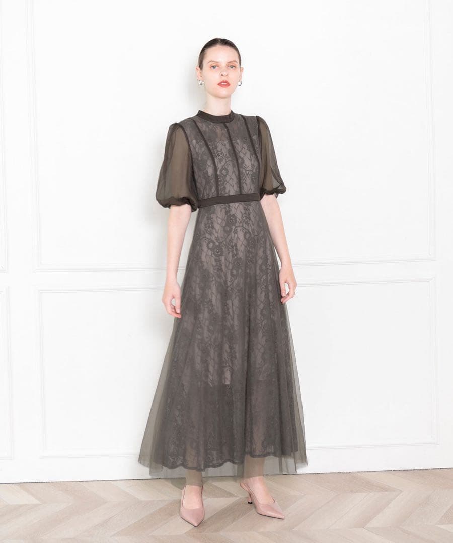 LEJA ハイウエストチュールレースAラインワンピースドレス Mサイズ　グレー