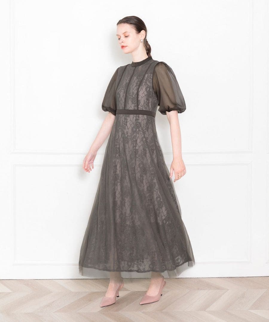 LEJA ハイウエストチュールレースAラインワンピースドレス Mサイズ　グレー