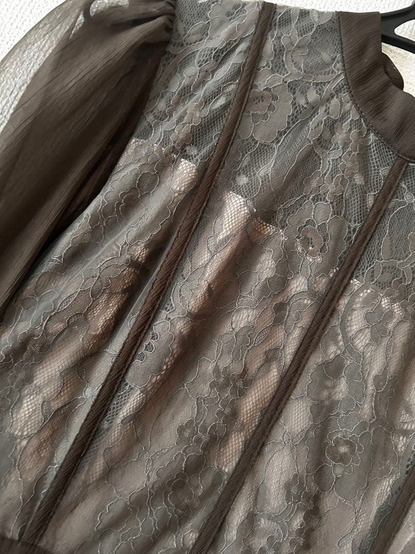 LEJA ハイウエストチュールレースAラインワンピースドレス Mサイズ　グレー