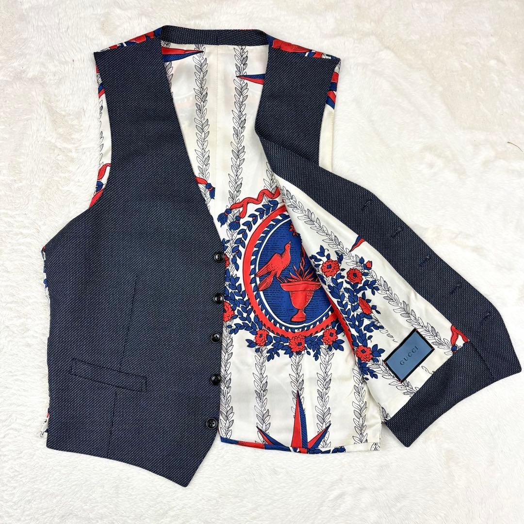 グッチ ジレ ベスト シルク100 ウール 切替 総柄 イタリア製 グレー 46